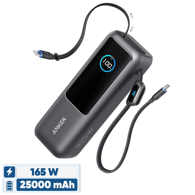 پاوربانک انکر A1695 ظرفیت 25000 میلی‌آمپر ساعت 100 وات مناسب شارژ لپ تاپ حرفه‌ای مک بوک و دستگاه‌های USB-C با پشتیبانی از شارژ سریع PD